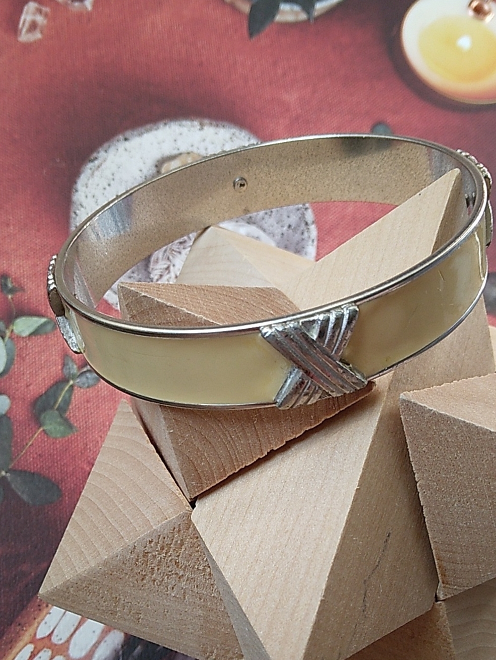 Vintage Monet Enamel Bangle Bracelet Silver Cream